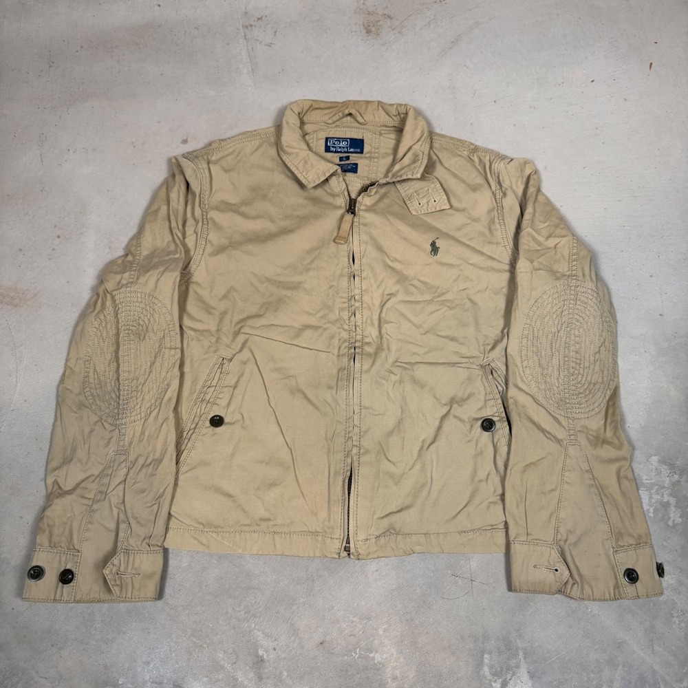 Polo Ralph Lauren Mens Harrington Jacket Tan Cotton Full Zip Elbow Patch Large